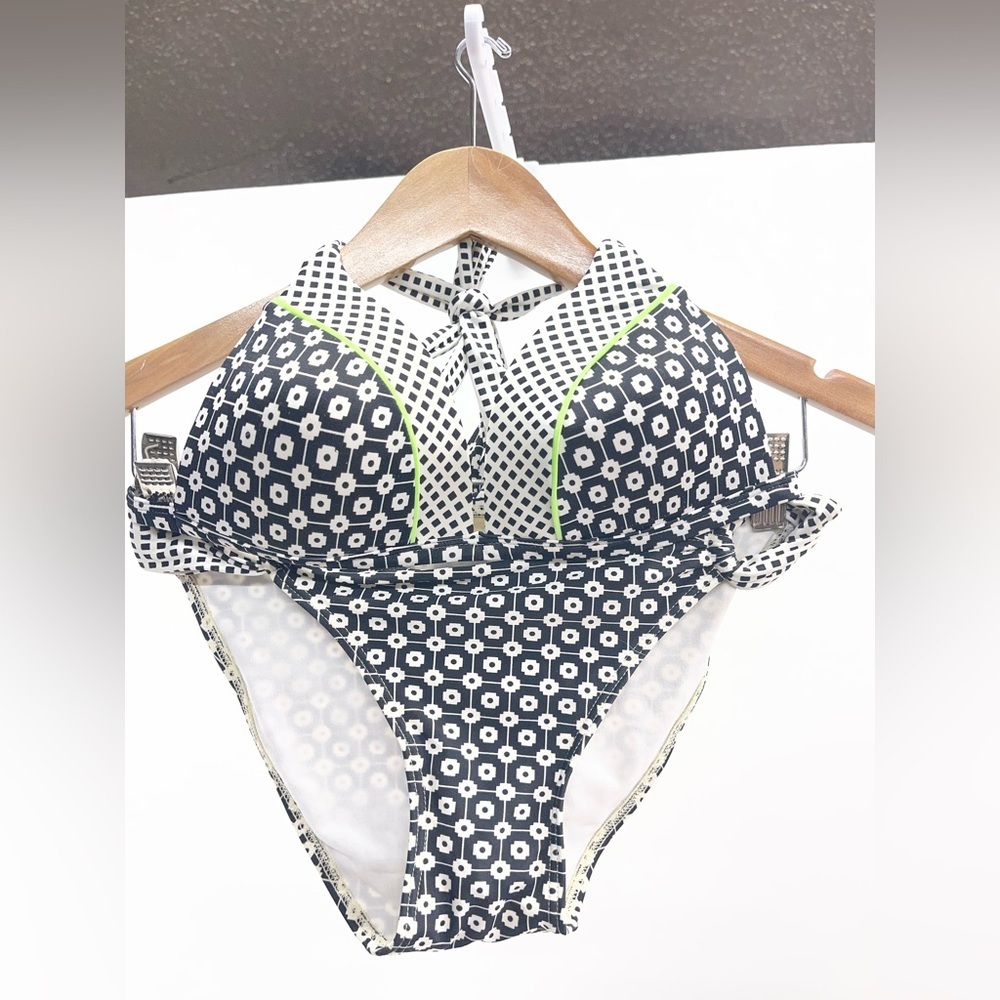 Red Camel Black & White Geometric Bikini with Lime Accents